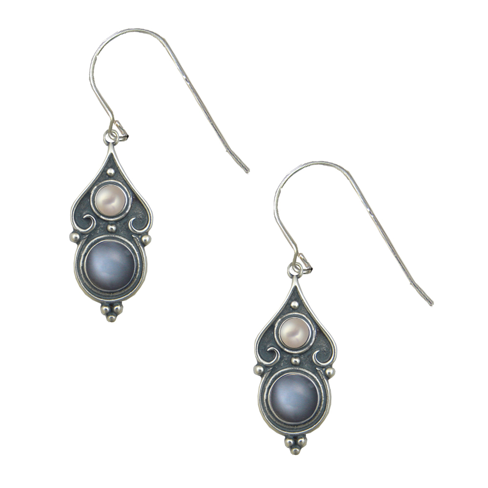 Sterling Silver Designer Post Stud Earrings With Grey Moonstone And Cultured Freshwater Pearl